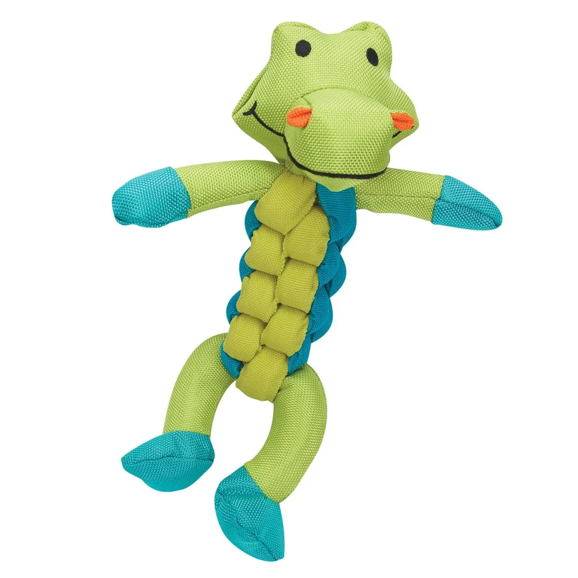 Green and teal Chomper Twisterz alligator plush tug toy with yellow braid