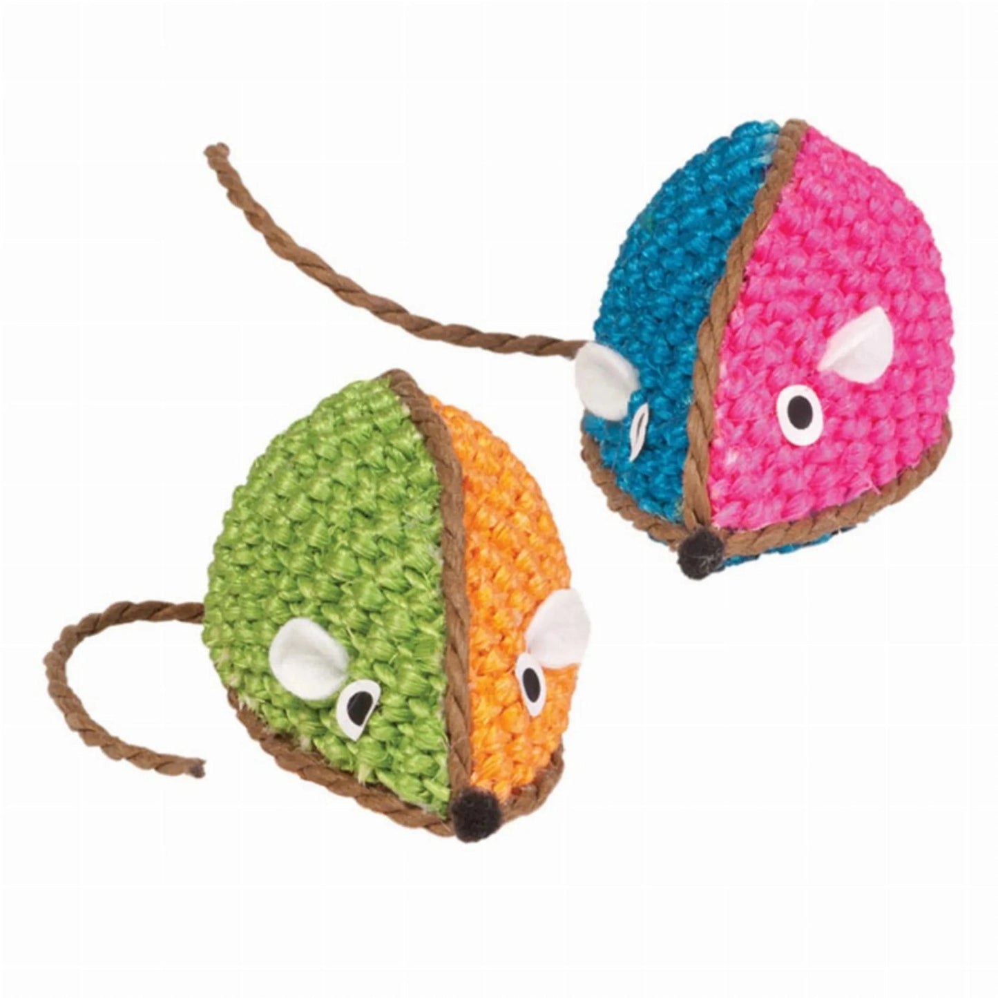 Two-toned raffia mouse cat toys with knotted rope tails in green-orange and blue-pink