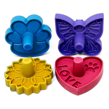 SodaPup Unstoppables 4-Pack stopper and stand set in blue, purple, yellow, and red with flower, butterfly, sunflower, and heart designs