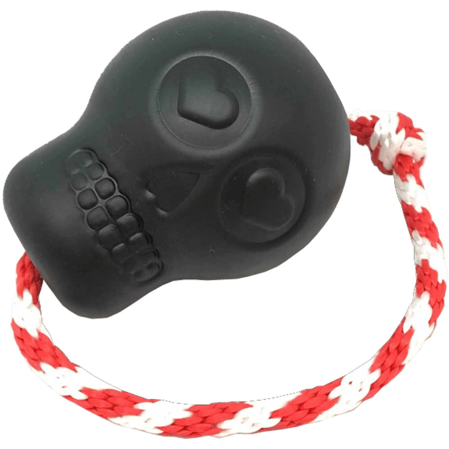 Close-up of Black SodaPup Skull Chew Toy Heart Eye Sockets and Braided Rope