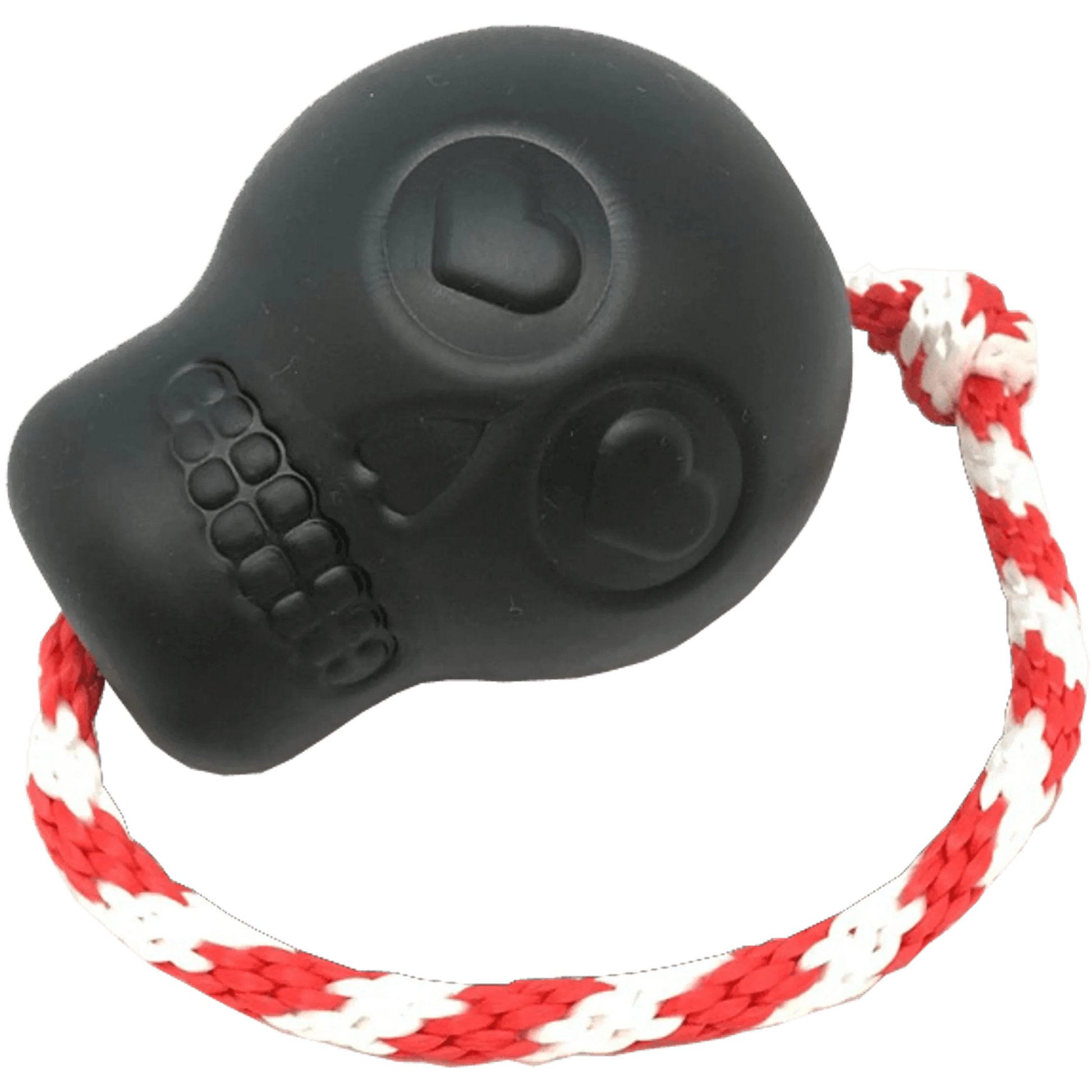 Close-up of Black SodaPup Skull Chew Toy Heart Eye Sockets and Braided Rope