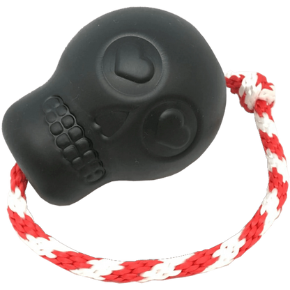 Close-up of Black SodaPup Skull Chew Toy Heart Eye Sockets and Braided Rope