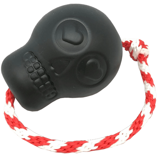 Close-up of Black SodaPup Skull Chew Toy Heart Eye Sockets and Braided Rope