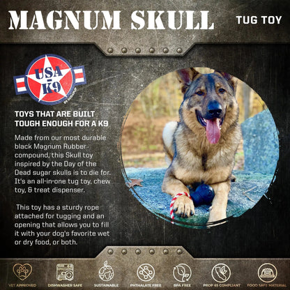 SodaPup Magnum Skull Tough Rubber Dog Chew Tug Toy with Rope for Extreme Chewers