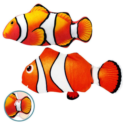 Orange and white clownfish pet toy with yellow fins and rotating tail motion mechanism