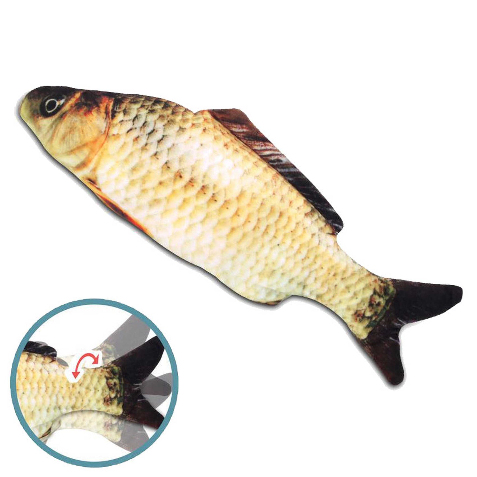 Beige and brown realistic scale pattern fish toy with dark tail fin and rotating joint detail