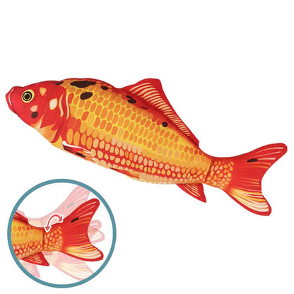 Red and orange Viral Flopping Fish plush toy with yellow scales and rotating tail mechanism inset