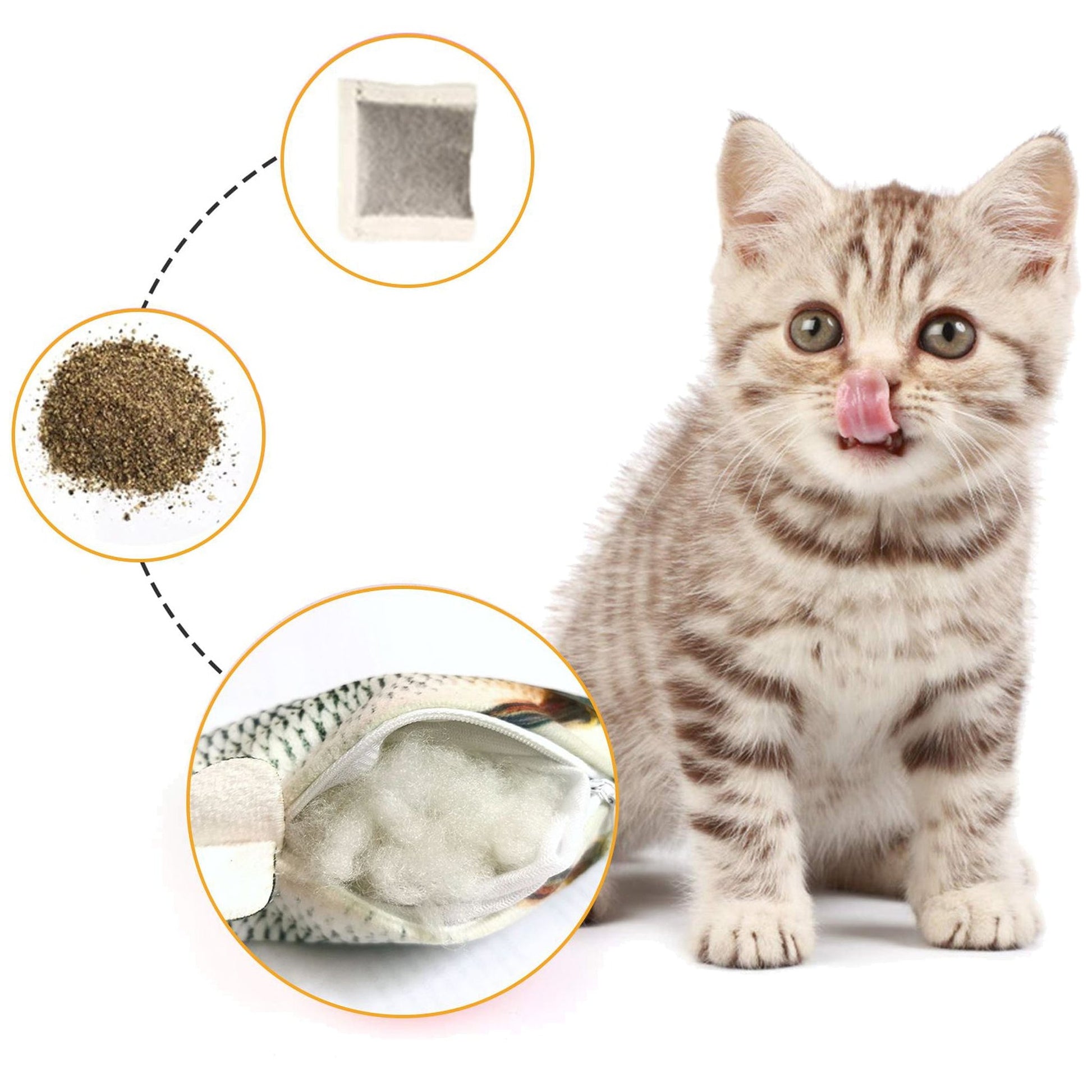 Tabby kitten plays with Viral Flopping Fish toy showing catnip pouch, stuffing, and scale pattern detail