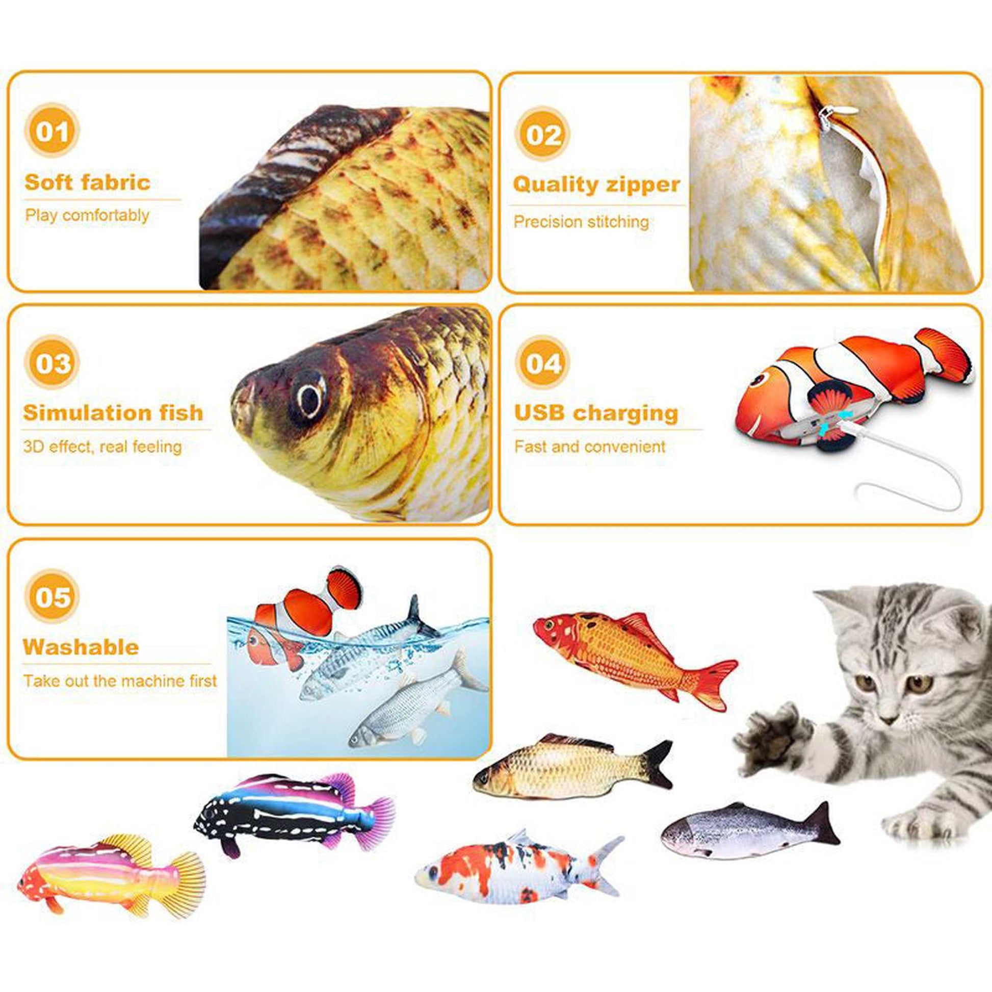 Viral Flopping Fish toy features soft fabric, quality zipper, realistic simulation, USB charging, and washable design