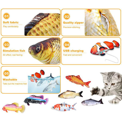 Viral Flopping Fish toy features soft fabric, quality zipper, realistic simulation, USB charging, and washable design