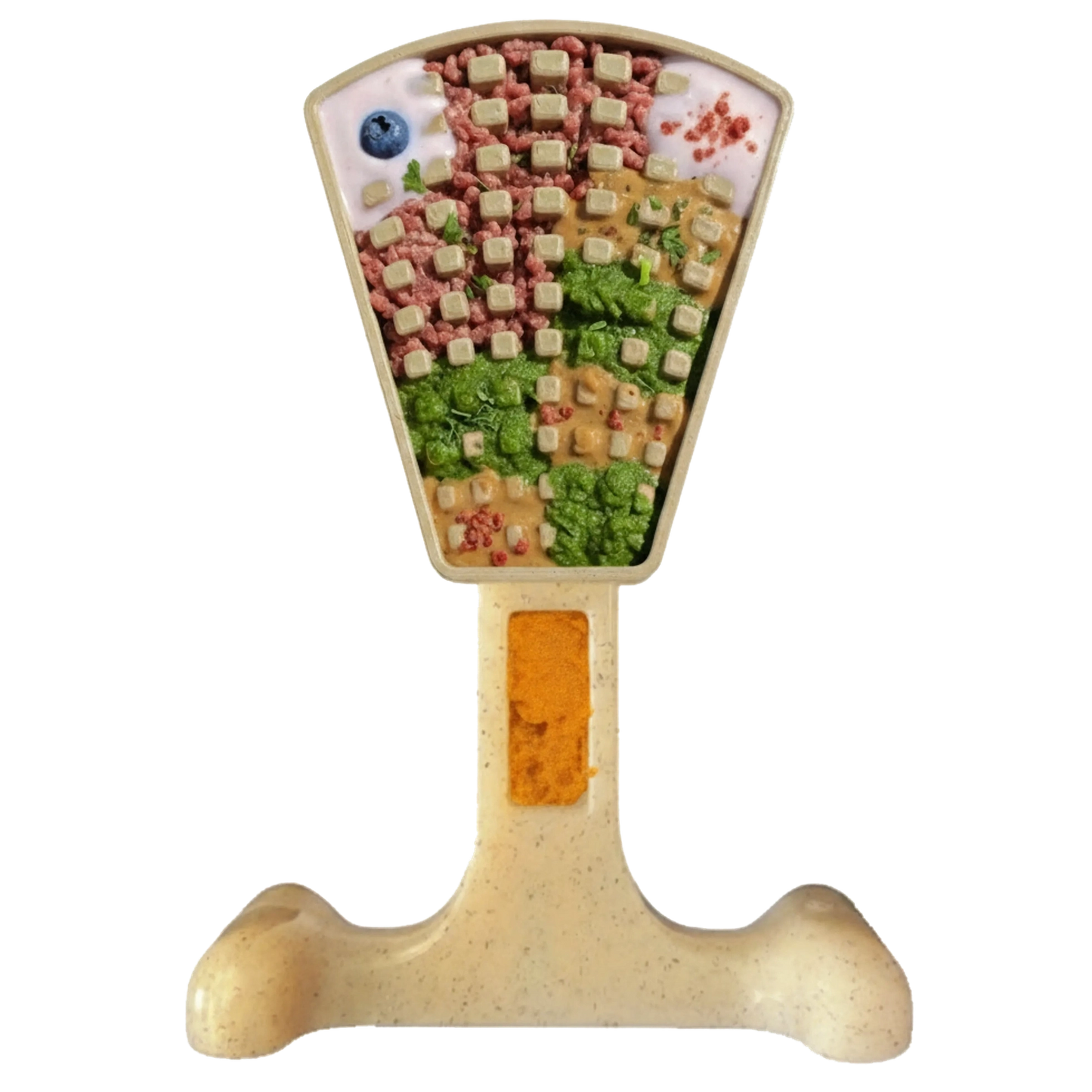 SodaPup Waffle Tower nylon dog toy with compartments filled with treats and kibble