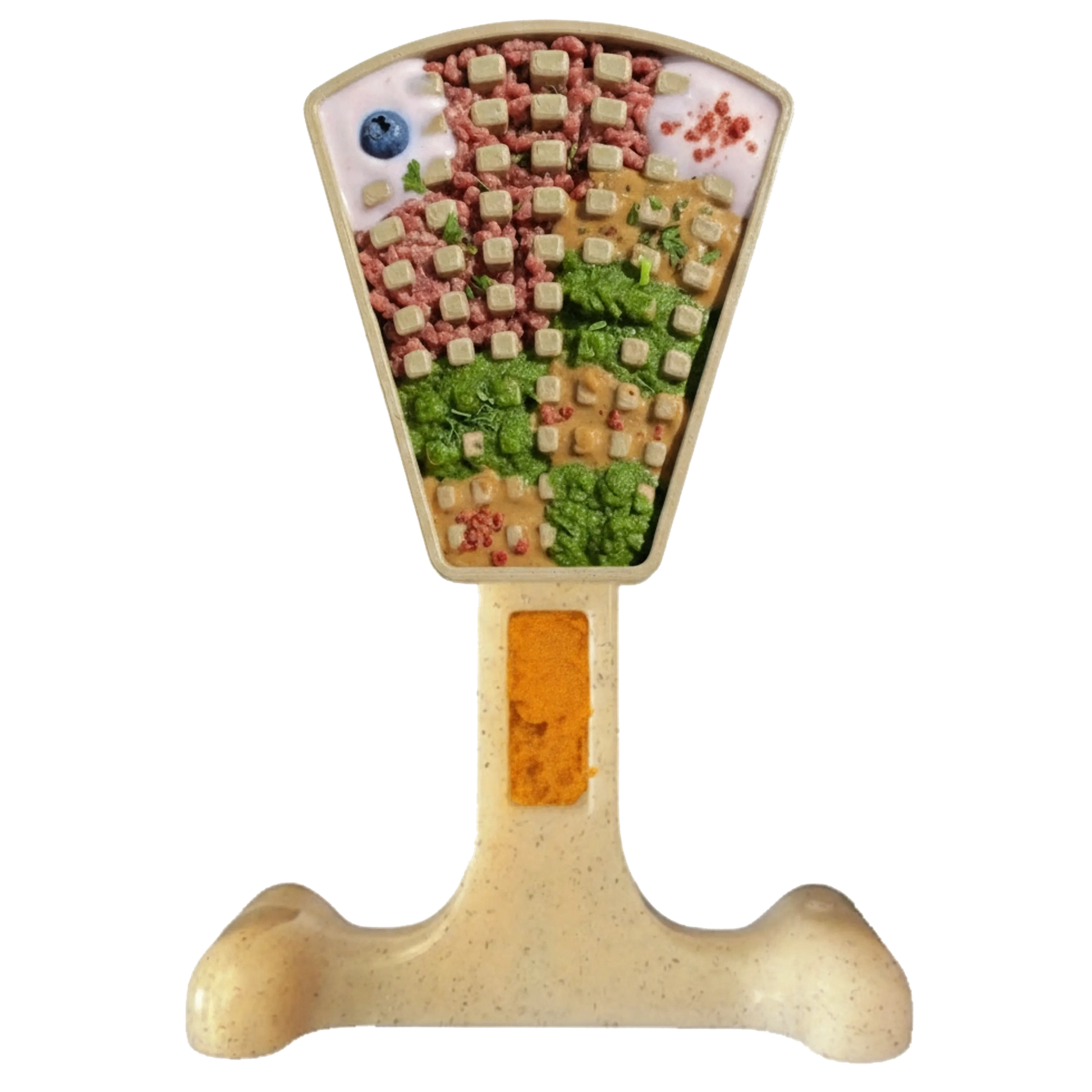 SodaPup Waffle Tower nylon dog toy with compartments filled with treats and kibble