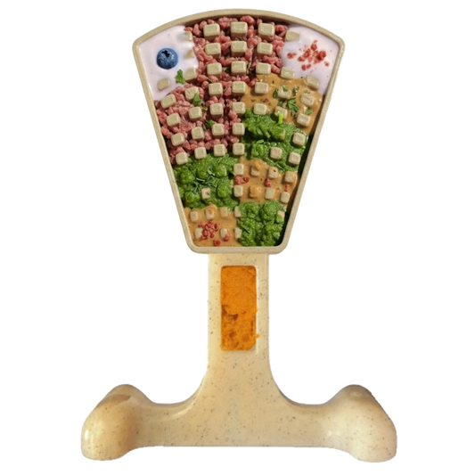 SodaPup Waffle Tower nylon dog toy with compartments filled with treats and kibble