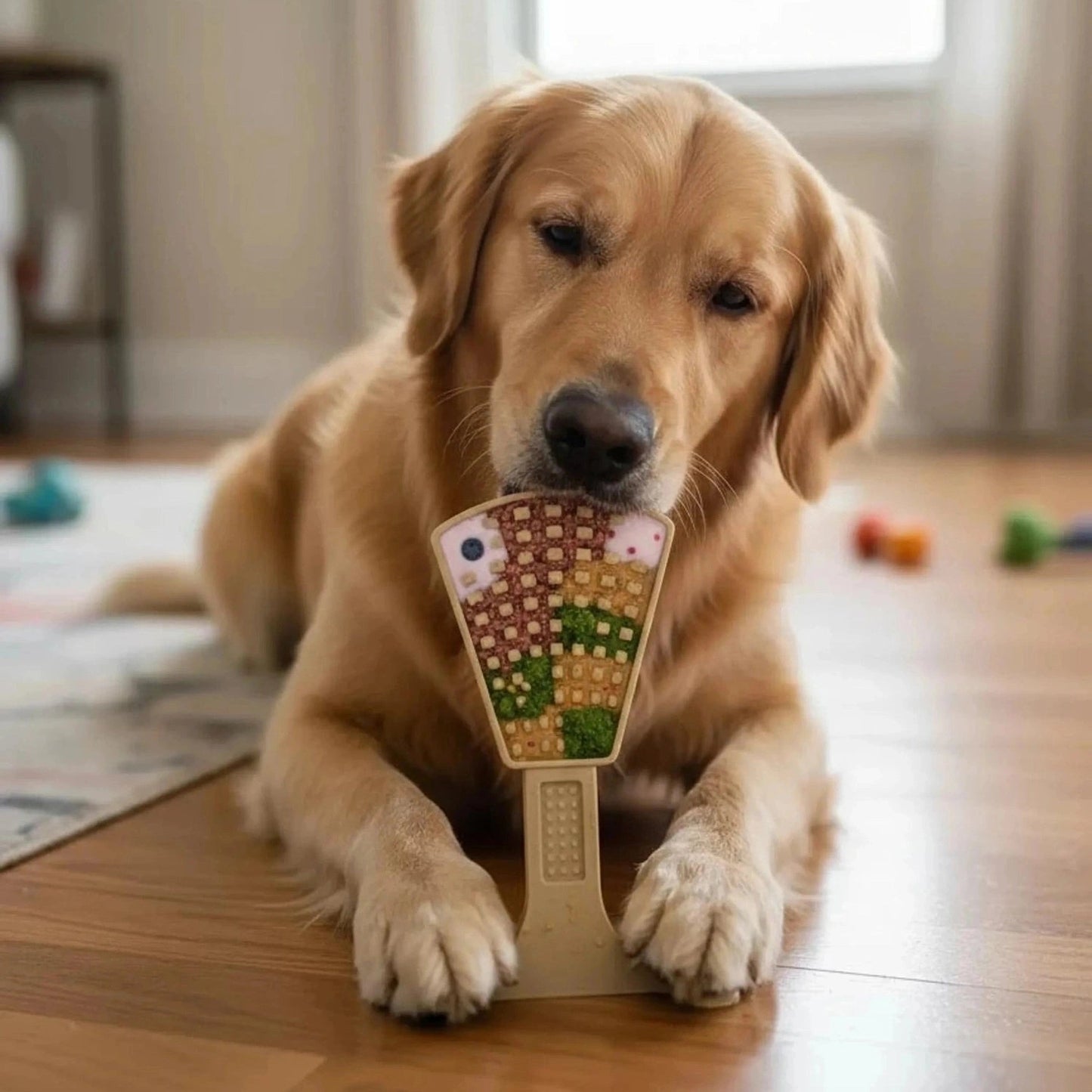 Golden retriever chewing beige fan-shaped waffle tower enrichment toy on floor