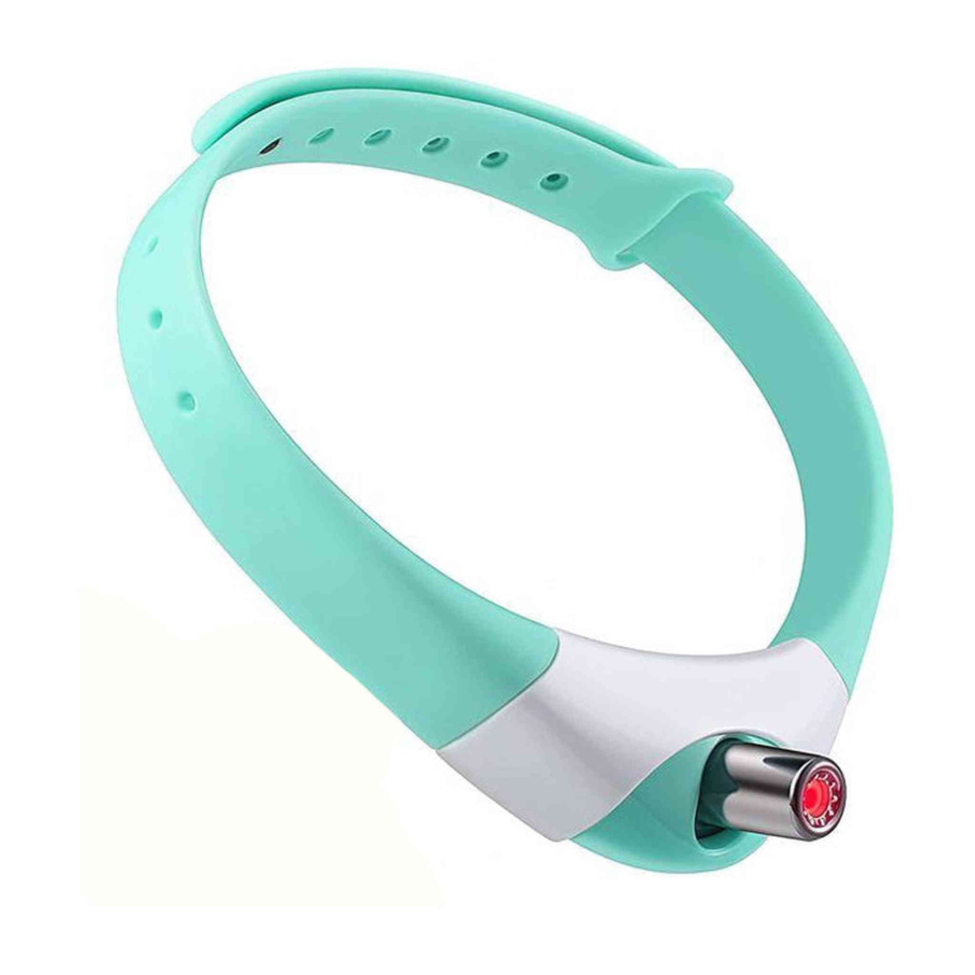 Mint green wearable smart laser teaser collar with adjustable strap and red lens emitter