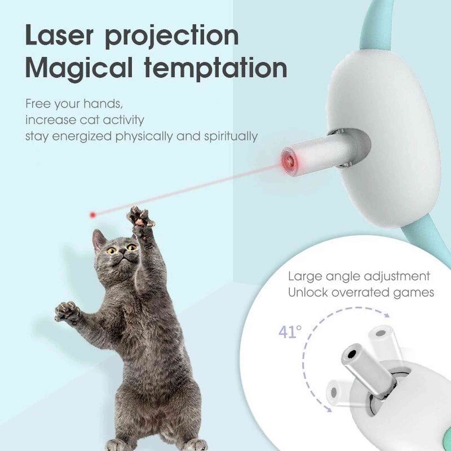 Cat reaching for red laser projected by white and blue adjustable smart collar