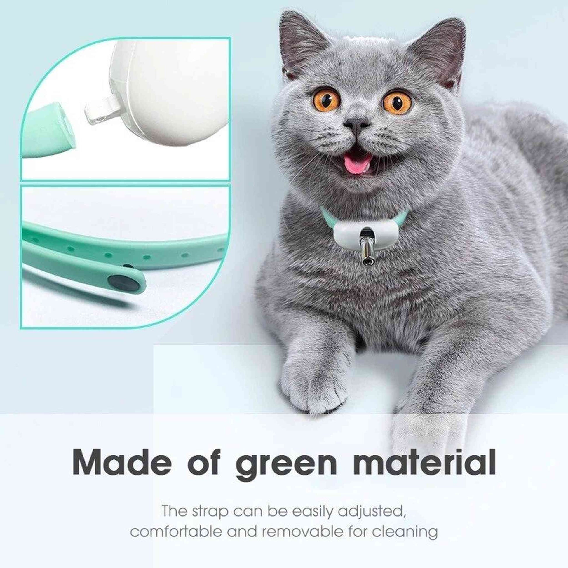 Mint green adjustable smart laser cat collar with removable USB charging housing
