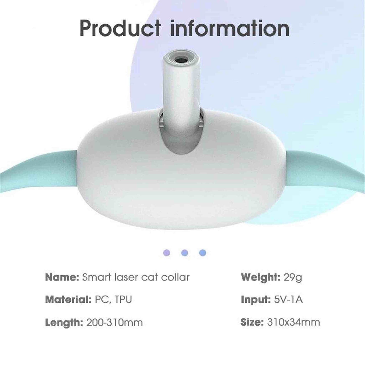 White oval PC TPU smart laser cat collar top view with mint strap and specs