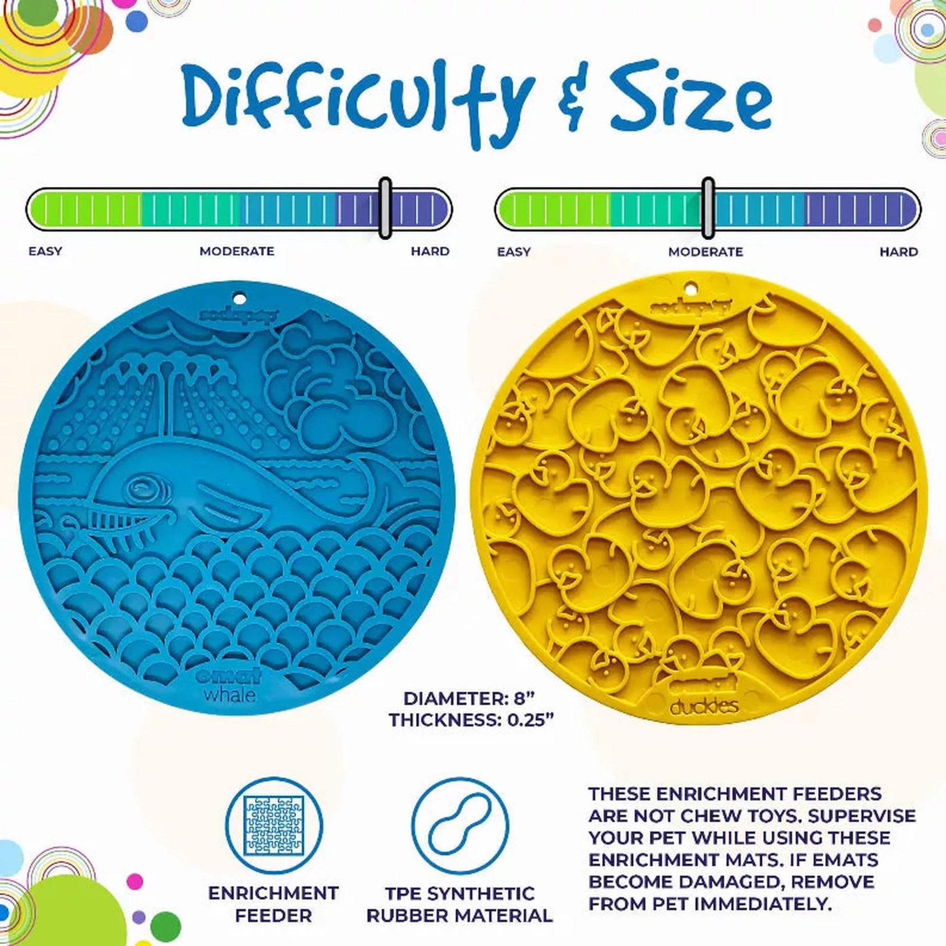 Blue whale and yellow duckies eMat specifications showing 8 inch diameter and TPE rubber material