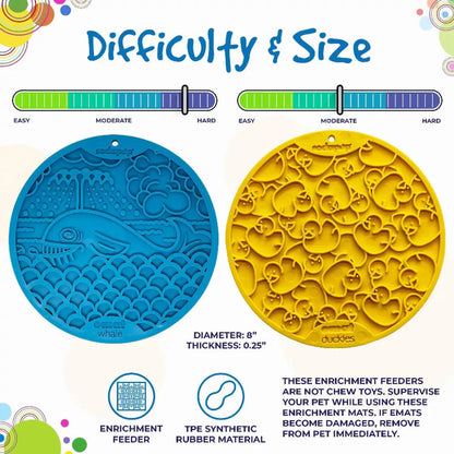 Blue whale and yellow duckies eMat specifications showing 8 inch diameter and TPE rubber material