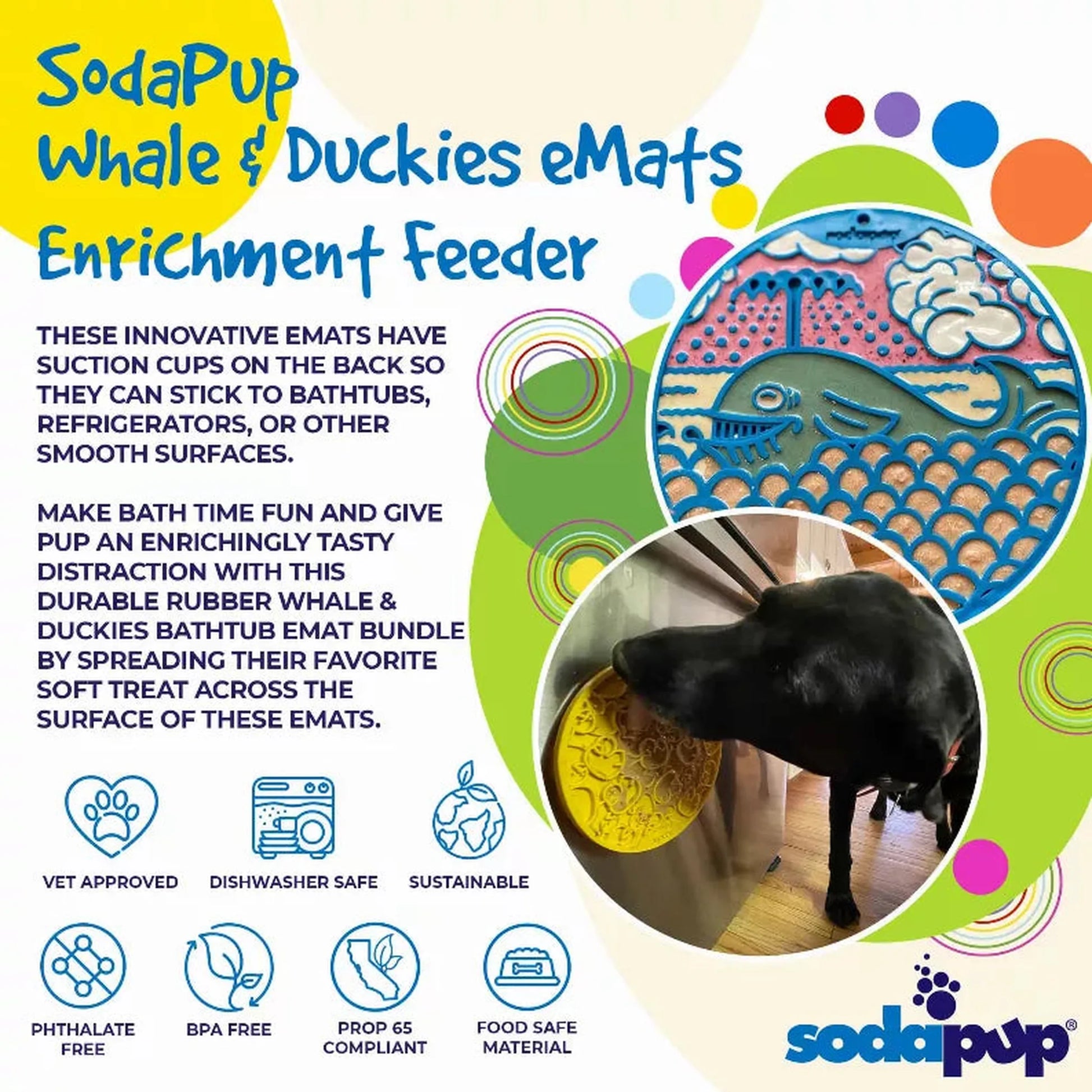 Black dog licking yellow duckies enrichment feeder mat on wooden floor