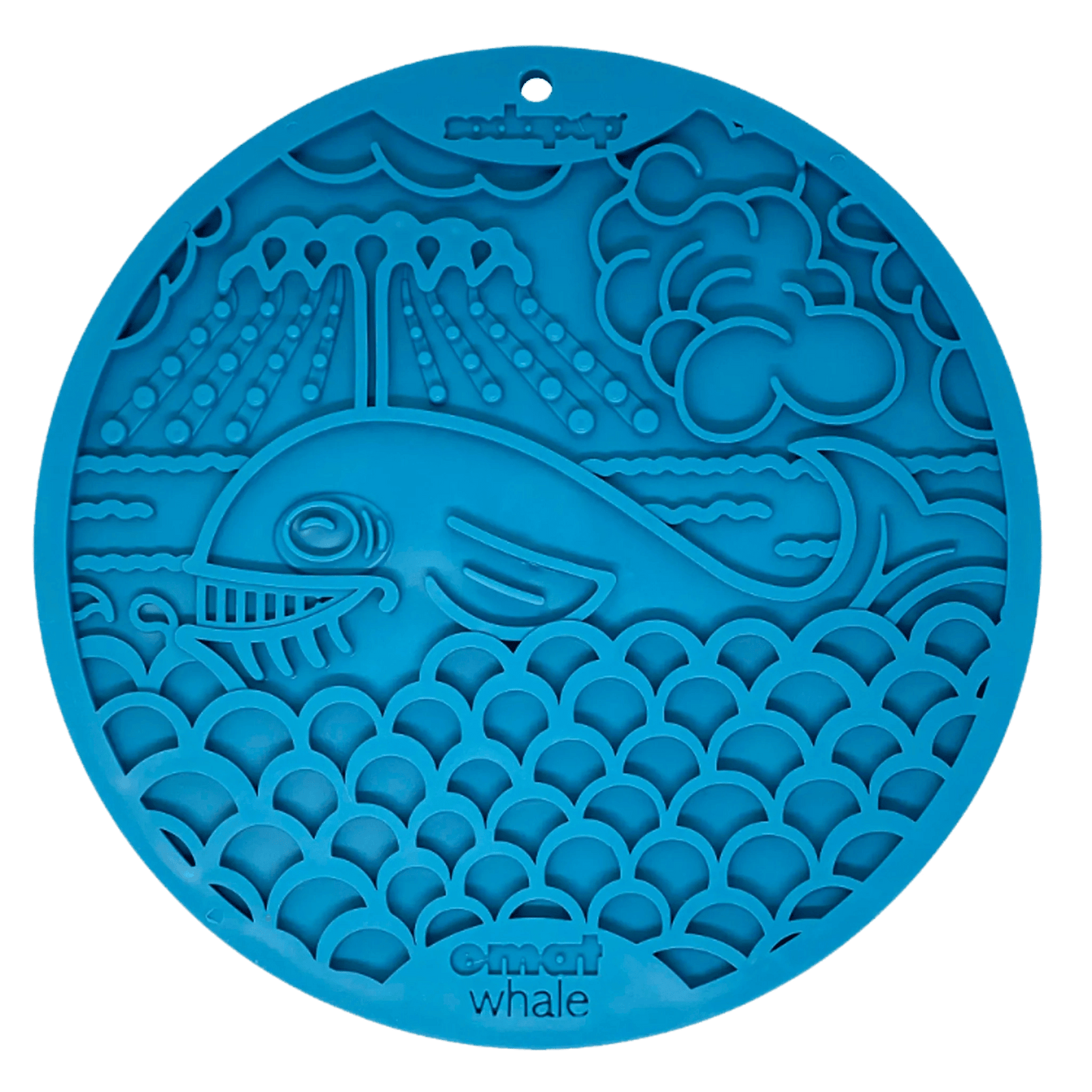Blue silicone whale lick mat with suction cups for dog bath time enrichment