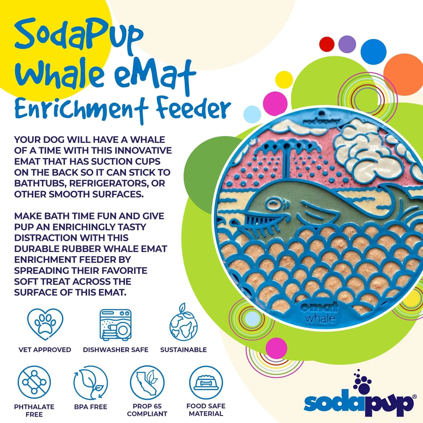 SodaPup blue whale lick mat filled with treats and safety icons