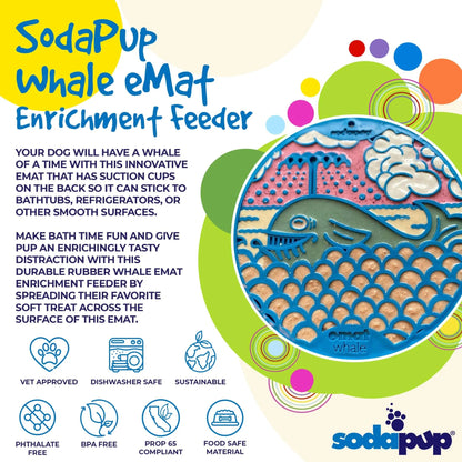SodaPup blue whale lick mat filled with treats and safety icons