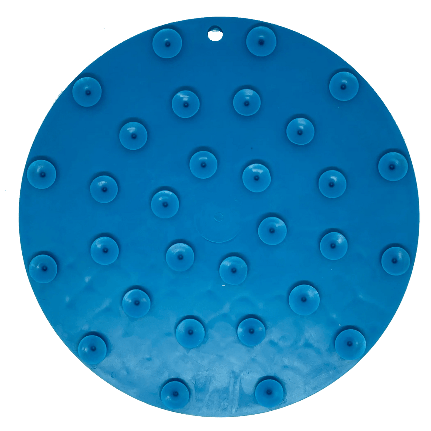 Back view of blue whale lick mat showing dome suction cup backing