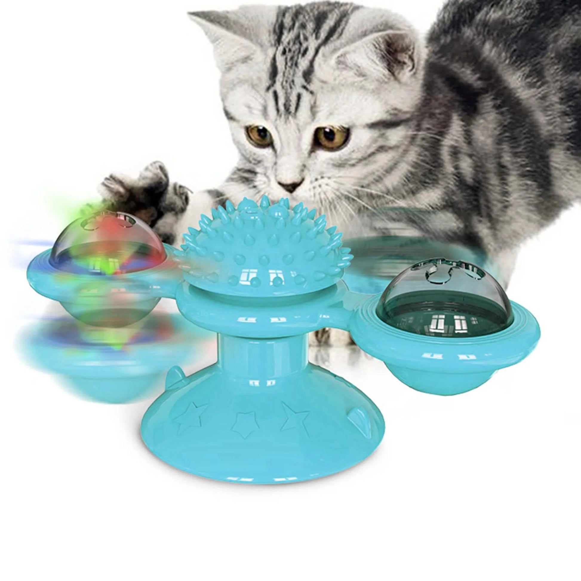 Turquoise Windmill interactive cat toy with spinning balls for kitten play