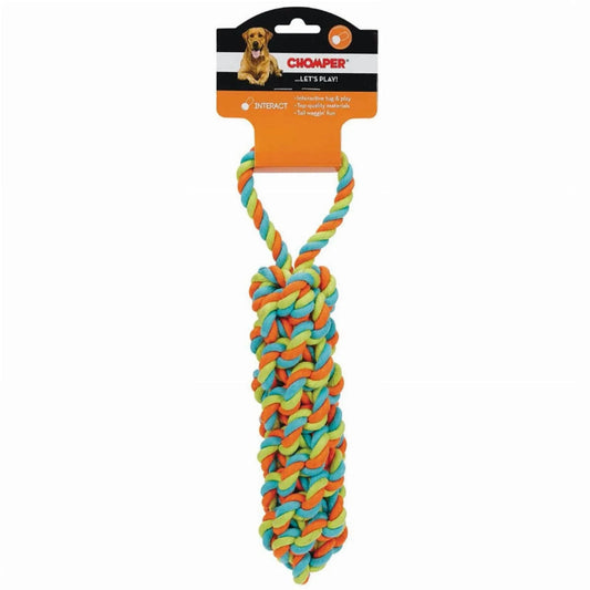Chomper multicolored woven rope monkey fist tug dog toy with braided handles and orange hang tag