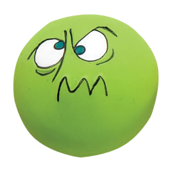 Green Zanies latex dog toy with grumpy face and downturned mouth