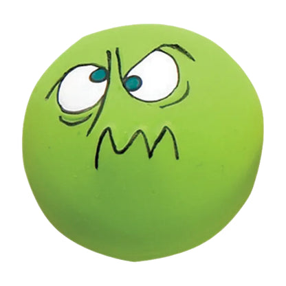 Green Zanies latex dog toy with grumpy face and downturned mouth