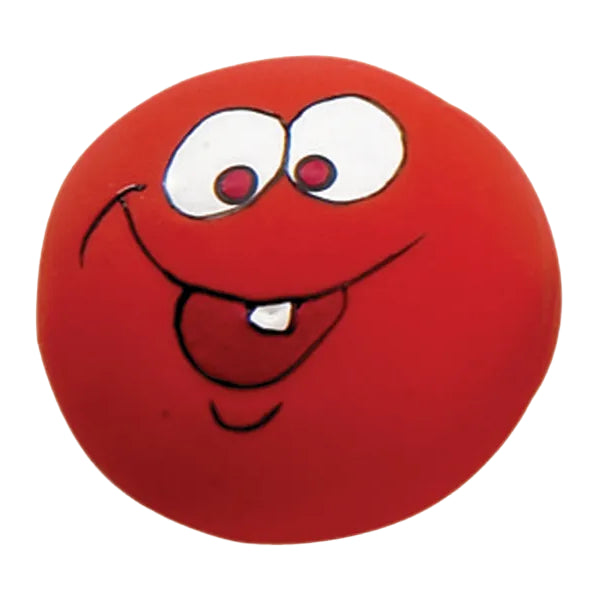 Red Zanies latex dog toy with wide toothy smile and squeaker