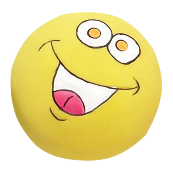 Yellow Zanies latex dog toy with cheerful grin and white teeth