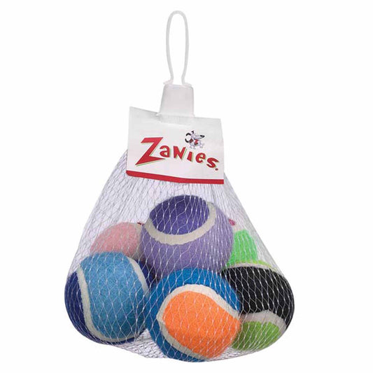 Zanies 6-pack mini tennis ball dog toys in mesh bag with high-visibility colors