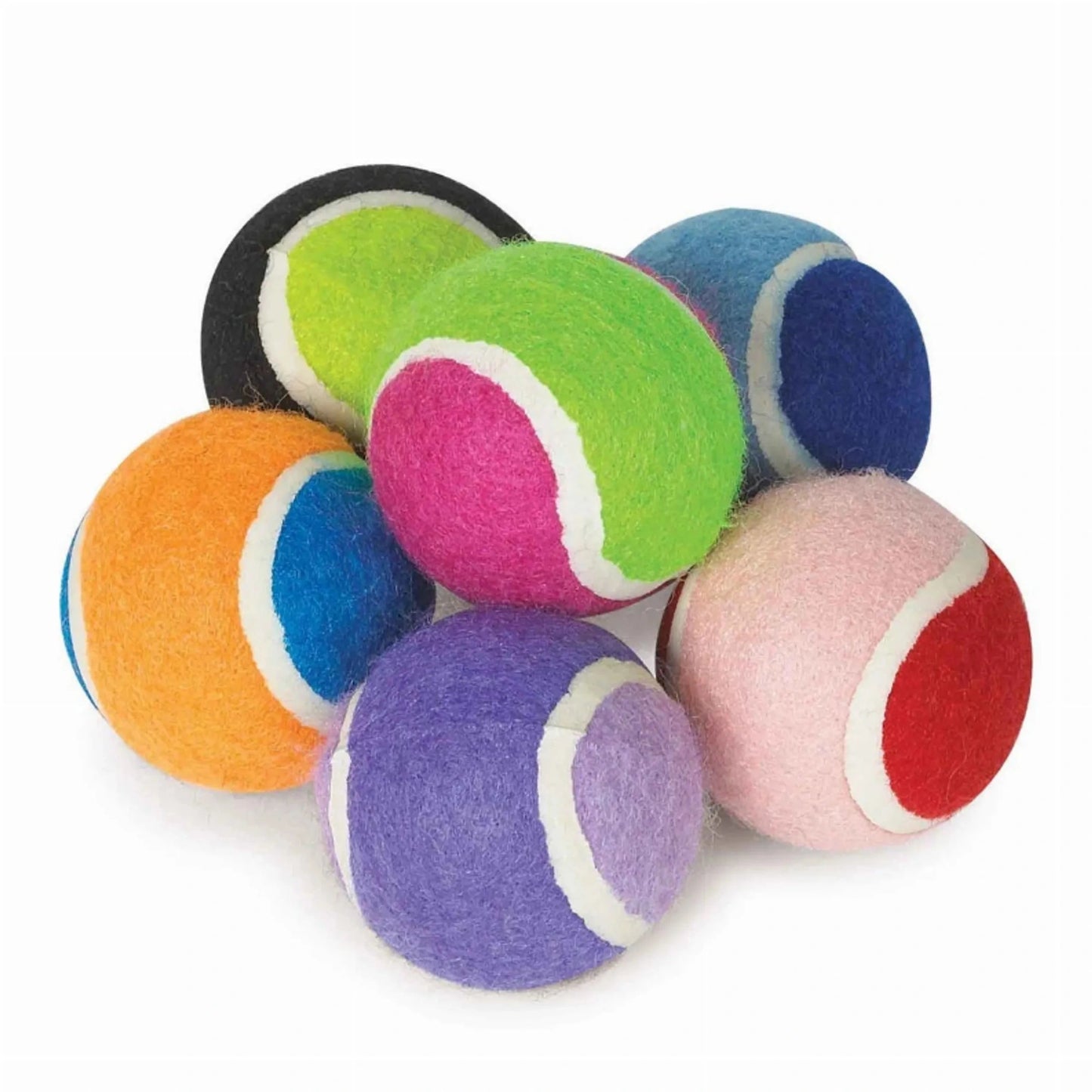 Six miniature felt tennis balls for small dogs in assorted bright colors