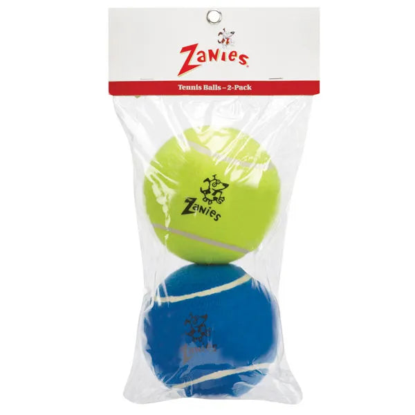 Zanies 2-pack oversized tennis balls in green and blue packaging