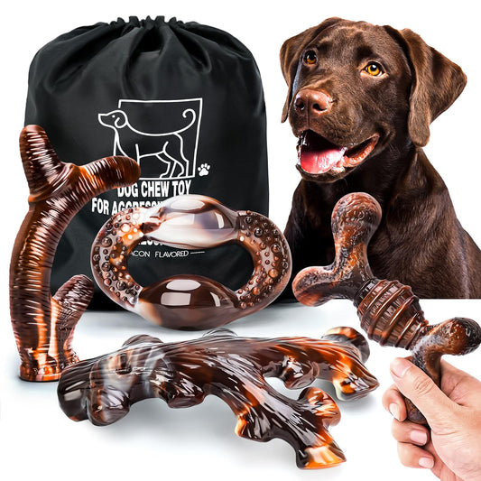 OSORD 4 Pack Dog Chew Toys for Aggressive Chewers - Tough Indestructible with Bacon Flavor- Durable Nylon Dog Bones for Large Medium Breed