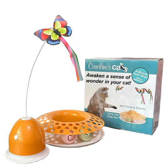 Carolines Cats Automatic Butterfly Cat Toy – Interactive 2 in 1 with Auto Shut Off & Catnip Ball Track; Recommended Electric Exercise & Enrichment Game