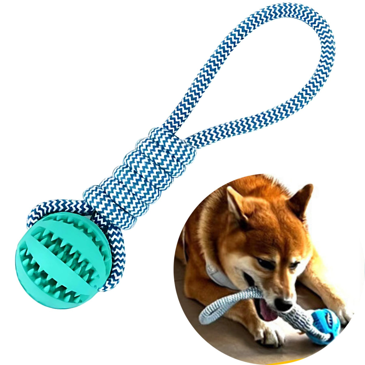 Durable Rubber Rope with Ball Dog Chewing Toys Teeth Cleaning And Treat Dispensing Ball Rope Dogs Interactive Dog Toys For Training Stimulating Entertainment Treat Dispenser Teething Toy (Blue)