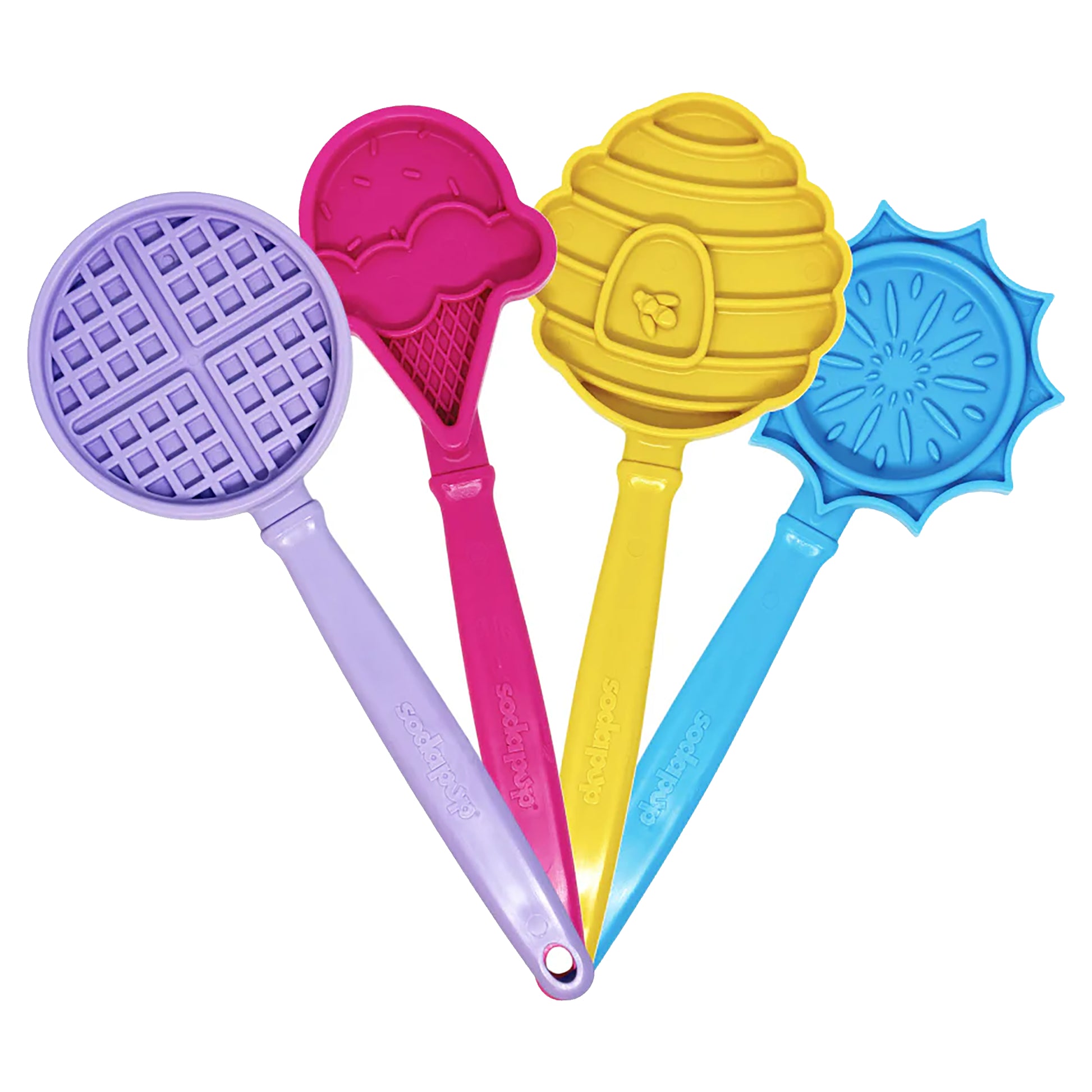 Four colorful SodaPup lick sticks including purple waffle and pink ice cream cone shapes