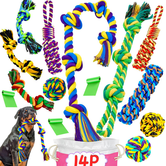XL Dog Chew Toys for Aggressive Chewers Large Breed 14 Pack Tough Indestructible Dog Toys for Aggressive Chewers Durable Puppy Chew Toys for Teething Heavy Duty Cotton Dog Rope Toys for Large Dogs