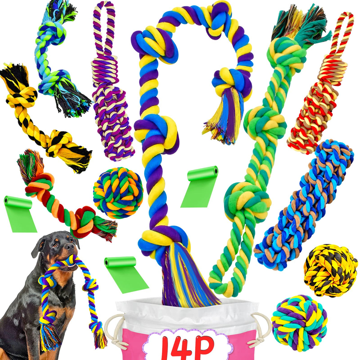 XL Dog Chew Toys for Aggressive Chewers Large Breed 14 Pack Tough Indestructible Dog Toys for Aggressive Chewers Durable Puppy Chew Toys for Teething Heavy Duty Cotton Dog Rope Toys for Large Dogs