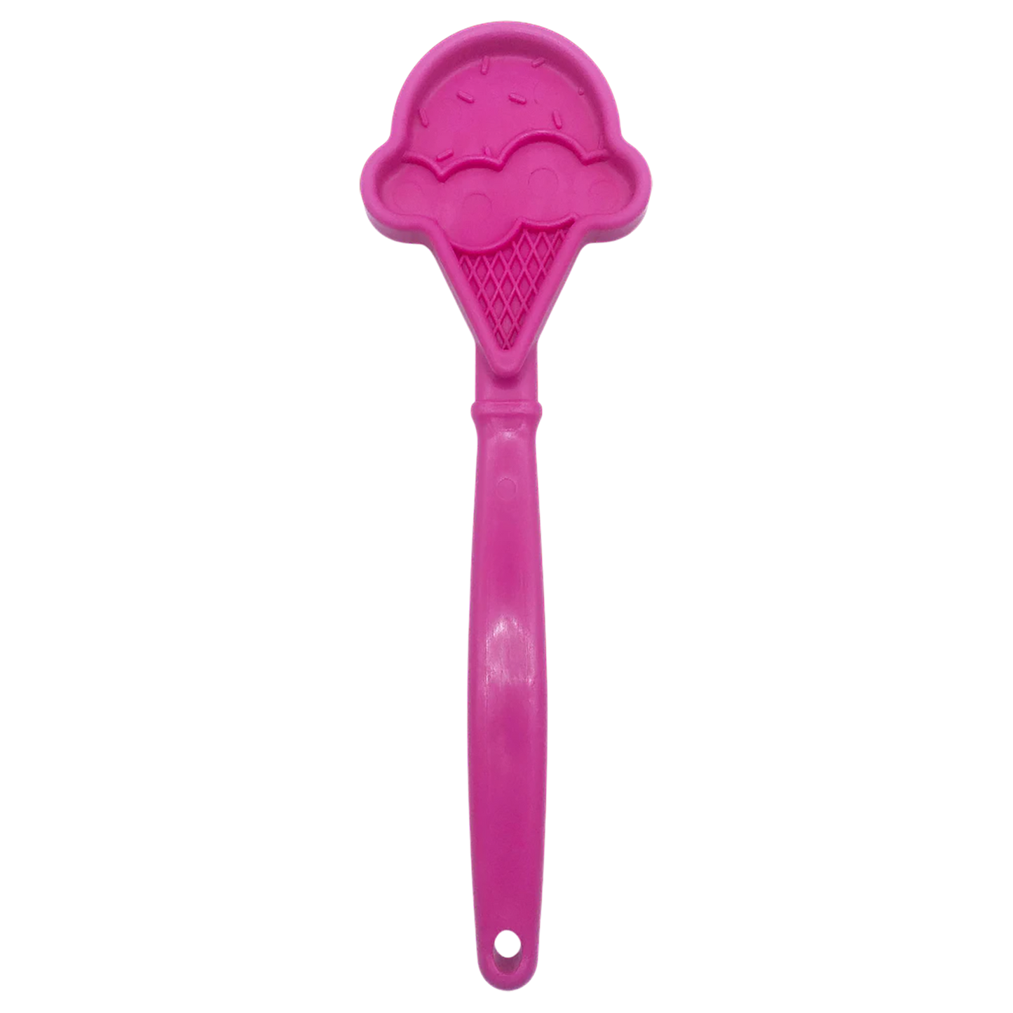 Pink ice cream cone shaped plastic lick stick with waffle texture and sprinkle dots