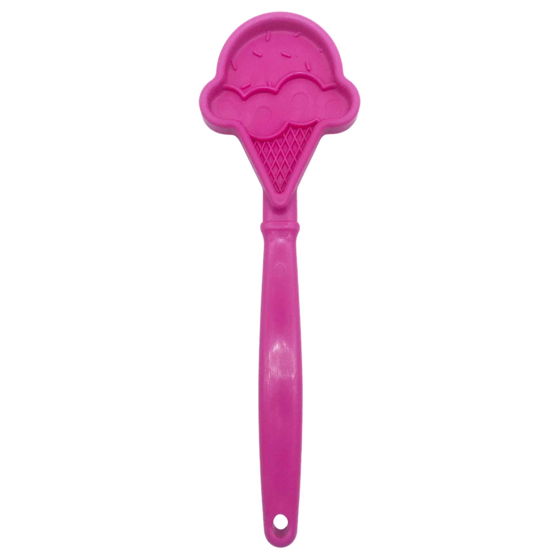 Pink ice cream cone shaped plastic lick stick with waffle texture and sprinkle dots