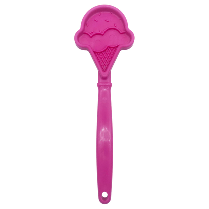 Pink ice cream cone shaped plastic lick stick with waffle texture and sprinkle dots