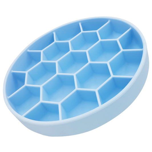 Light blue silicone slow feeder dog bowl showing honeycomb pattern and matte finish detail