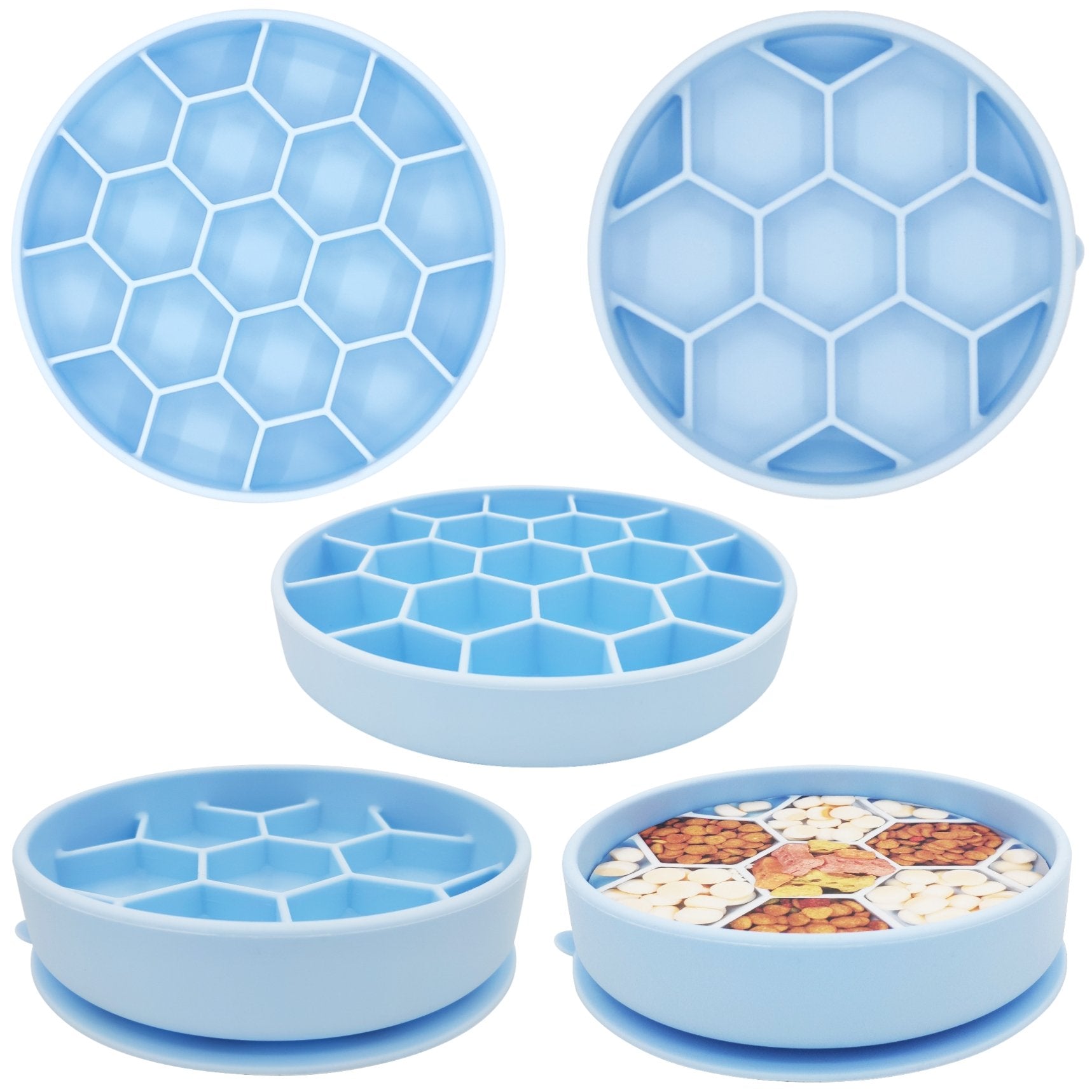 Mr. Peanut's light blue silicone slow feeder dog bowl with suction base and kibble variety