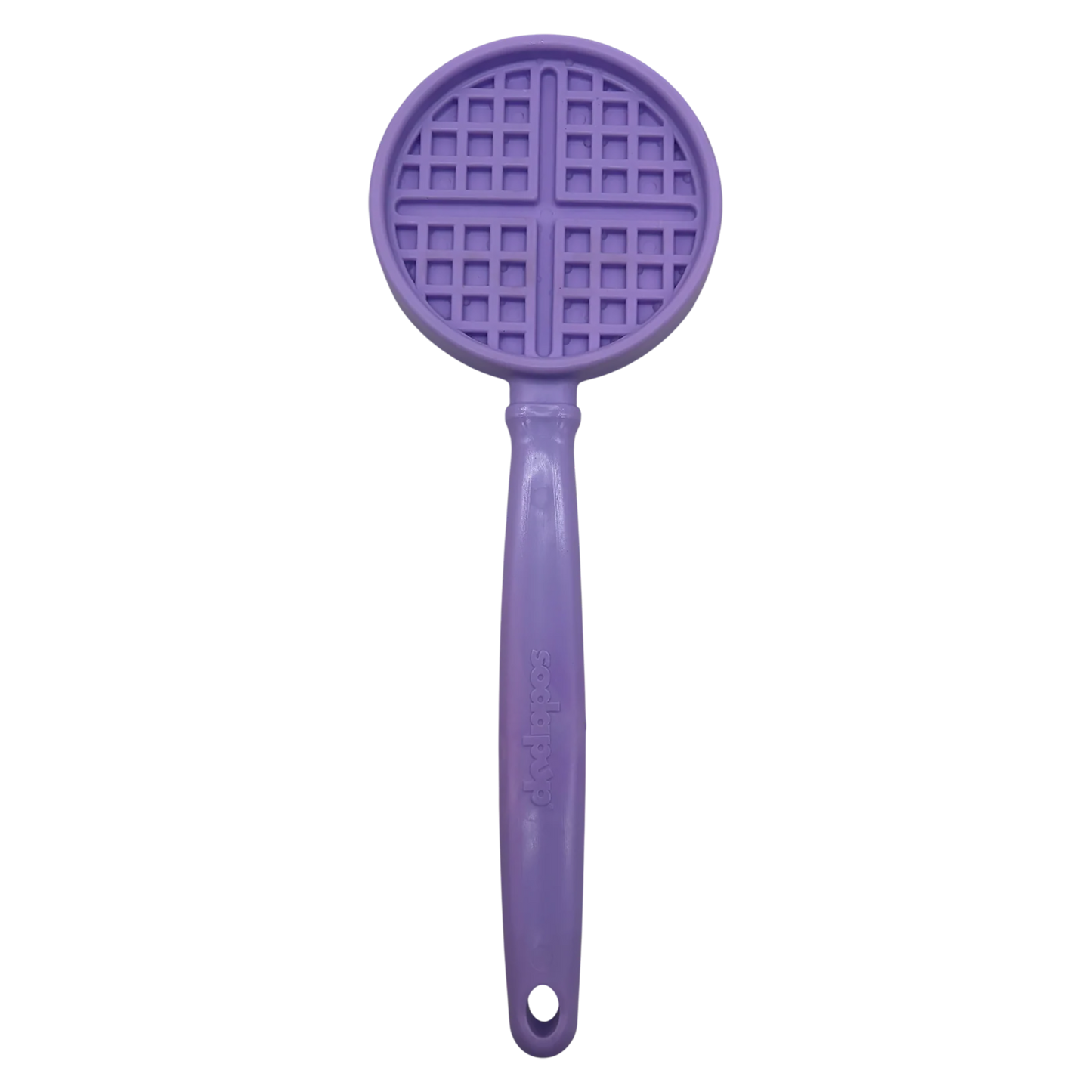 Purple waffle grid SodaPup hand-held lick stick with embossed logo on white background